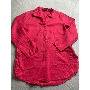 August Silk Pink Linen Blend Tunic Shirt Top Women's Size L roll tab sleeve‎